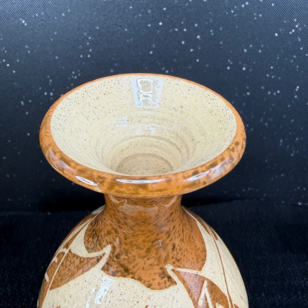 Frazer Signed Sgraffito Hummingbird Art Pottery Vase Ochre Green Purple 6 Inch